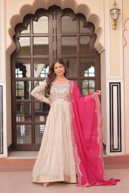 Long sleeve off white color jacquard gown
