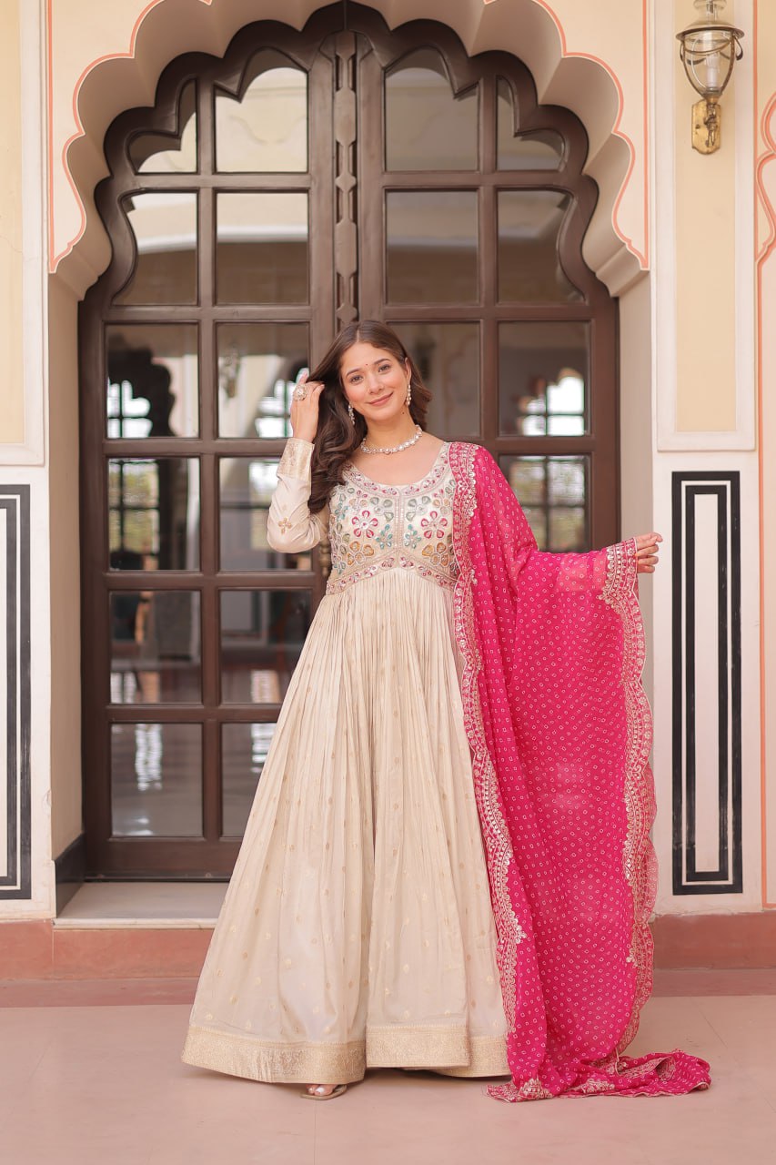 Off white color jacquard gown wedding
