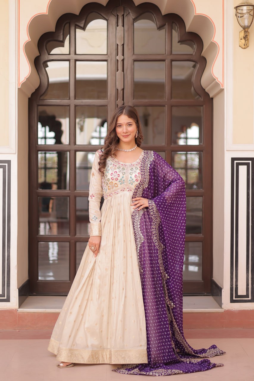 Long sleeve off white color jacquard gown
