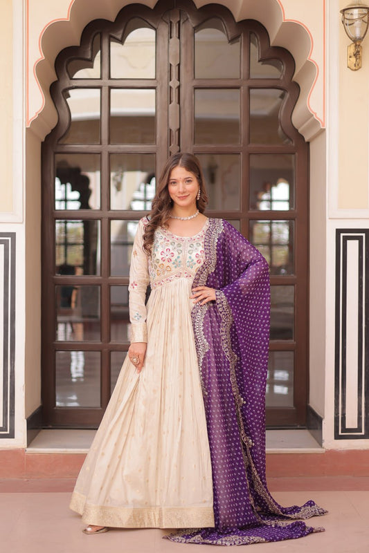 Long sleeve off white color jacquard gown
