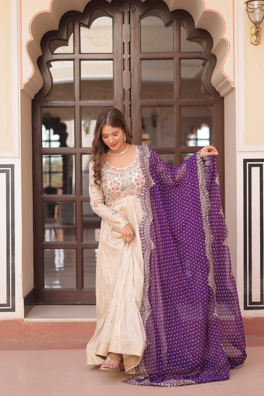 Off white color jacquard gown wedding

