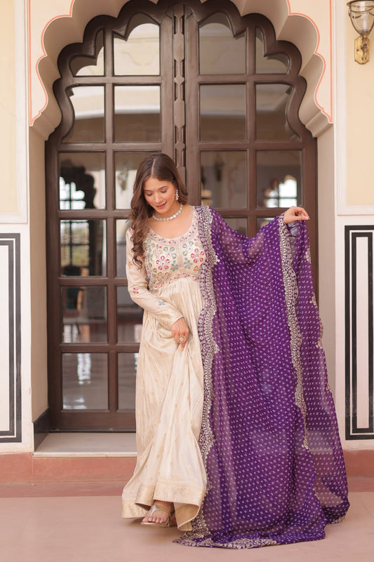 Off white color jacquard gown wedding
