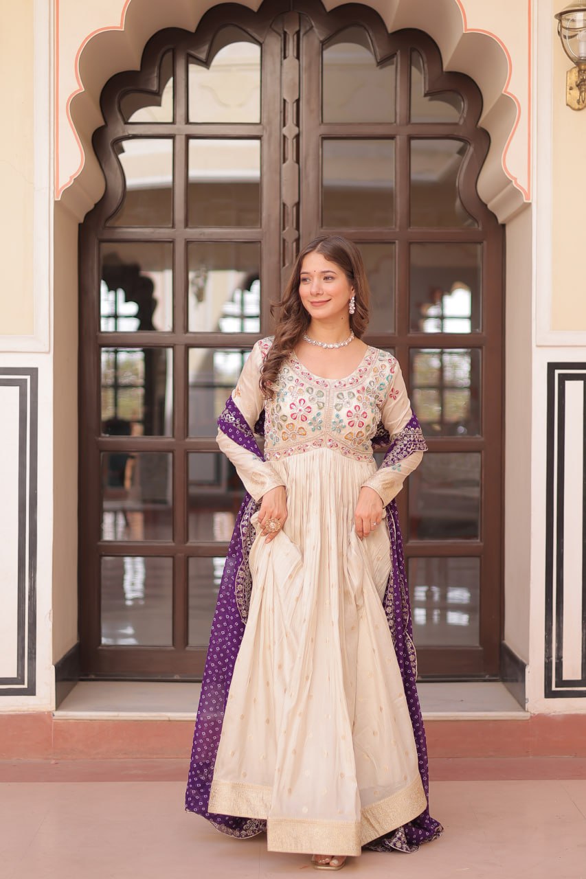 Women off white color jacquard gown
