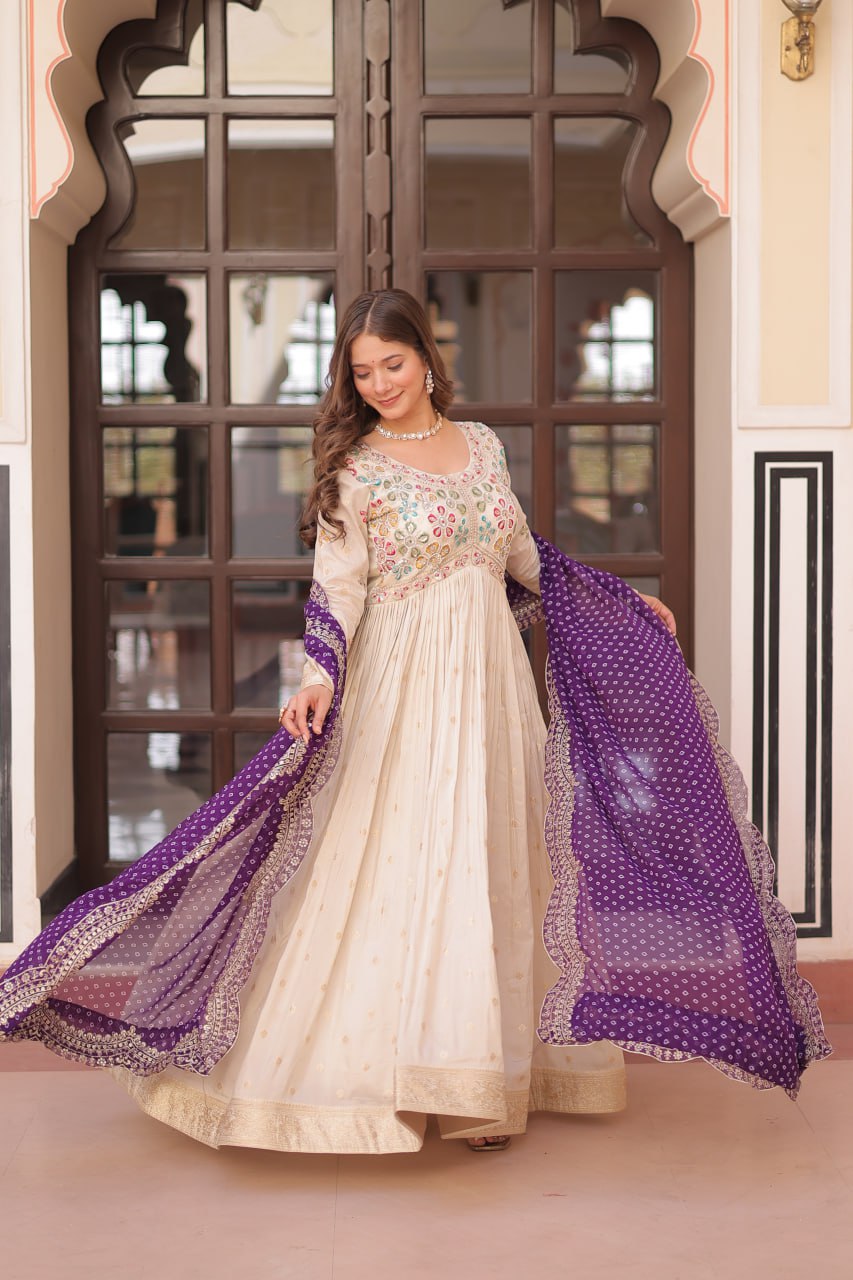 Maxi off white color jacquard gown
