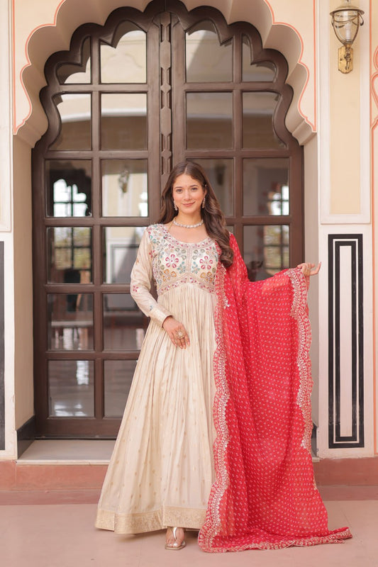 Long sleeve women off white color jacquard gown
