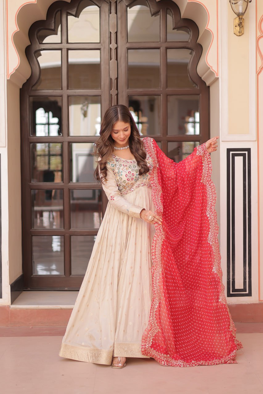 Maxi women off white color jacquard gown
