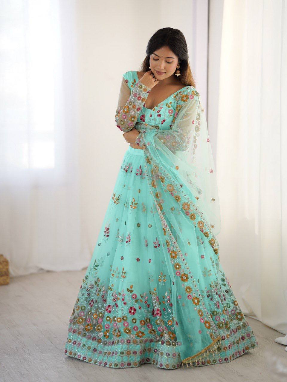 Turquoise color lehenga choli with dupatta

