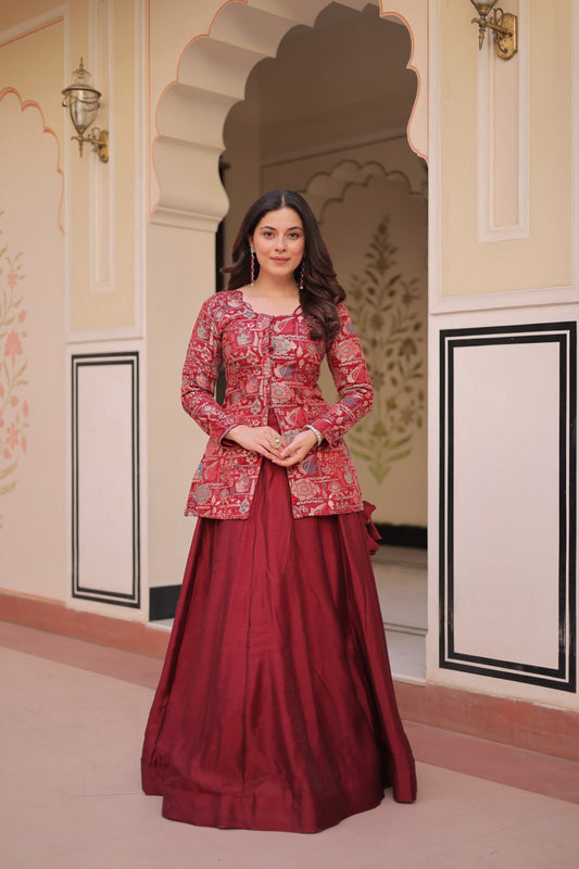 Marron color Position jacquard lehenga  