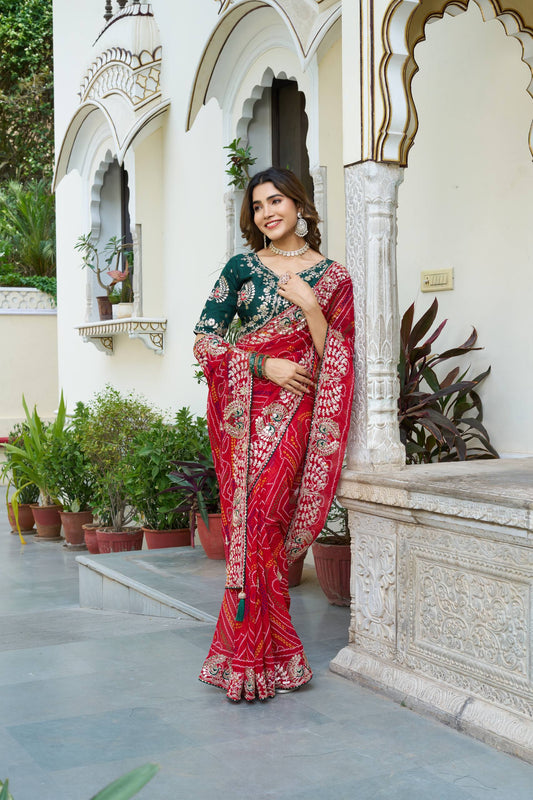 Red color bandhej saree with blouse in USA