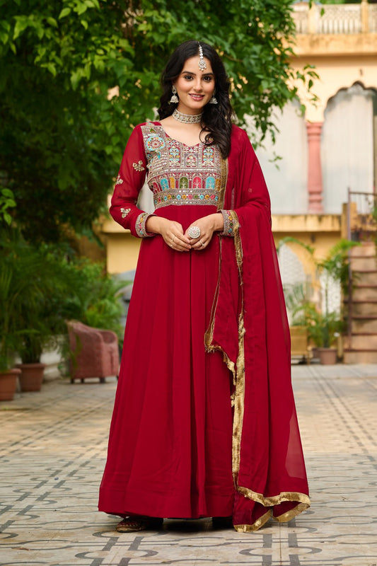Long sleeve red color gown for women
