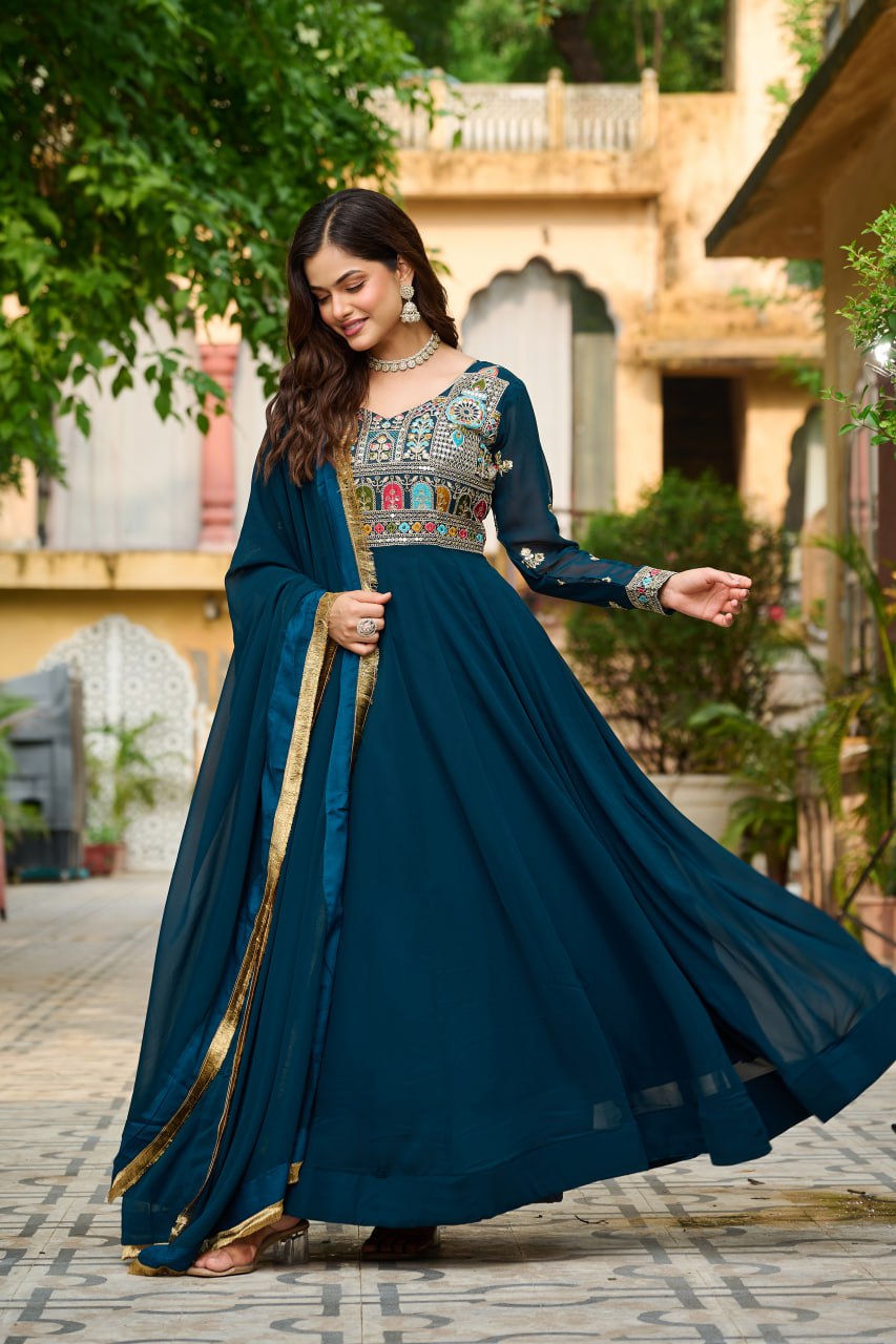 Party wear faux blooming gown price