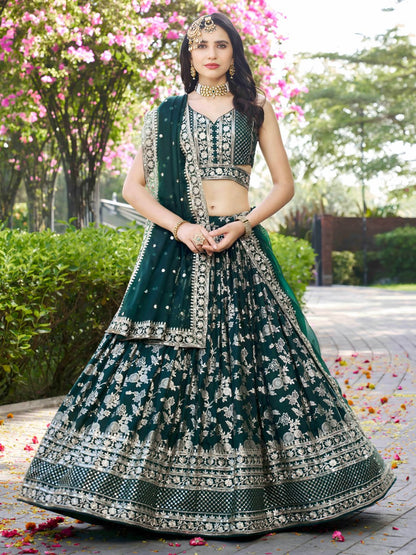 Dark green color georgette lehenga choli for women
