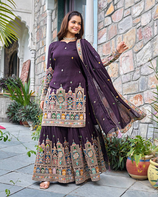 Purple color chinon silk sharara suit 