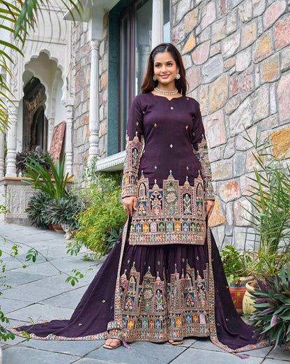 Purple embroidery work sharara suit for party