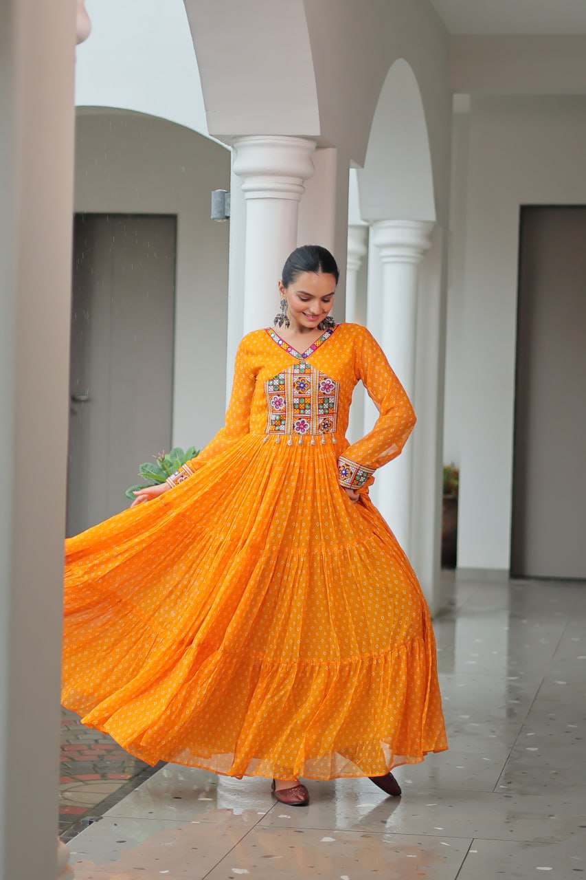 Yellow bandhani printed gown