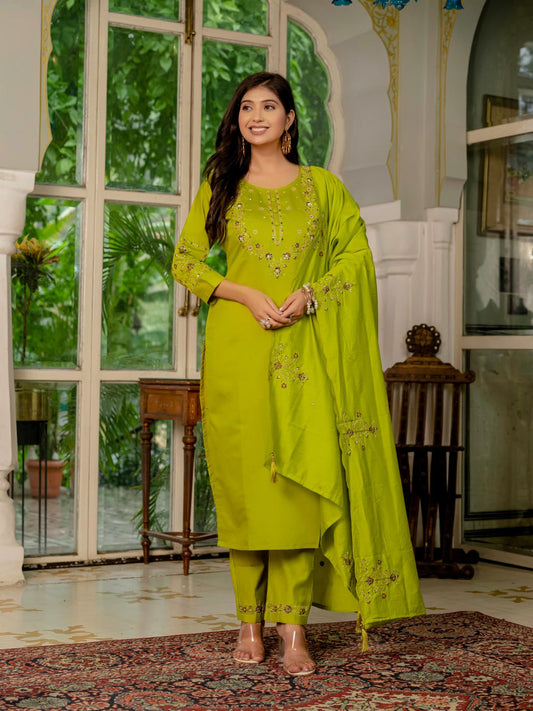 Green color marina silk salwar suit 