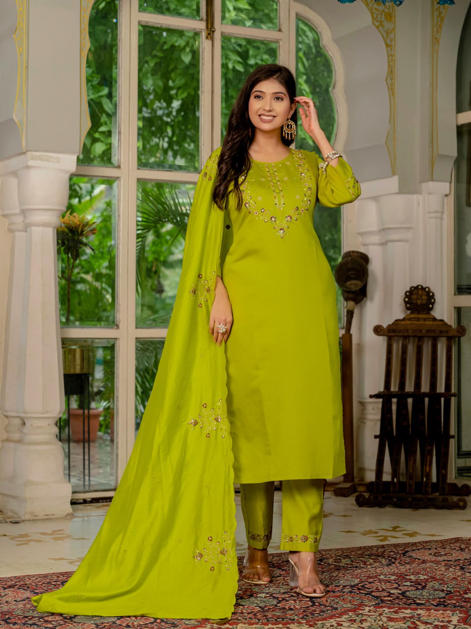 Green color hand work salwar kameez with online
