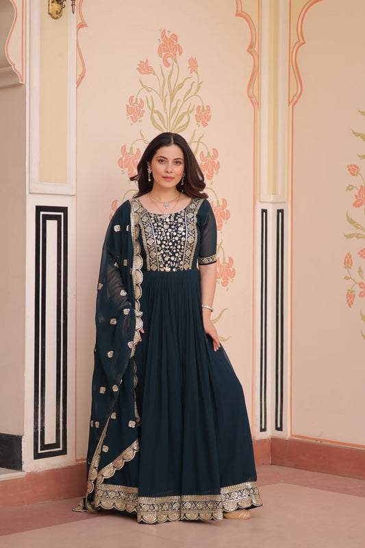 Women Rama colour faux blooming gown for wedding

