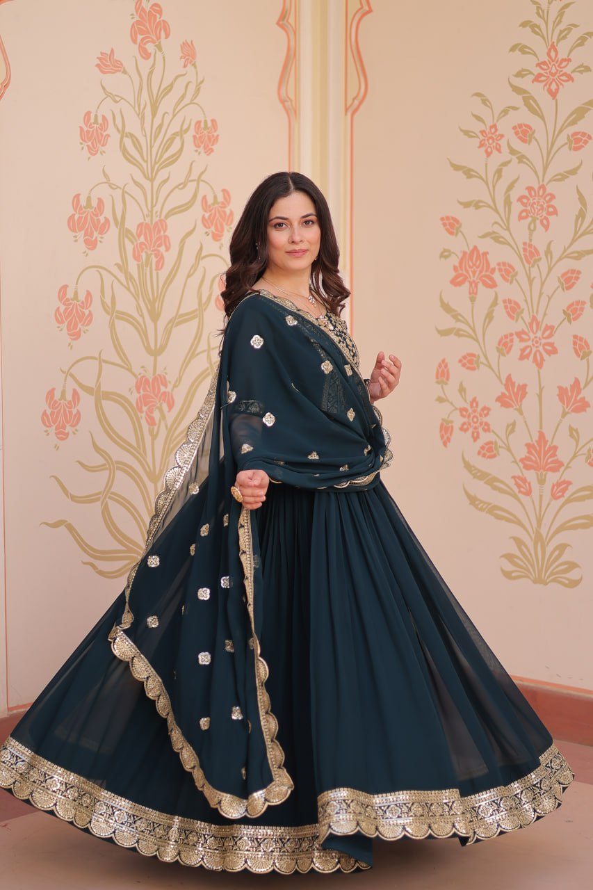 Rama color readymade gown with dupatta with online