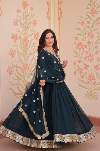 Rama color readymade gown with dupatta with online