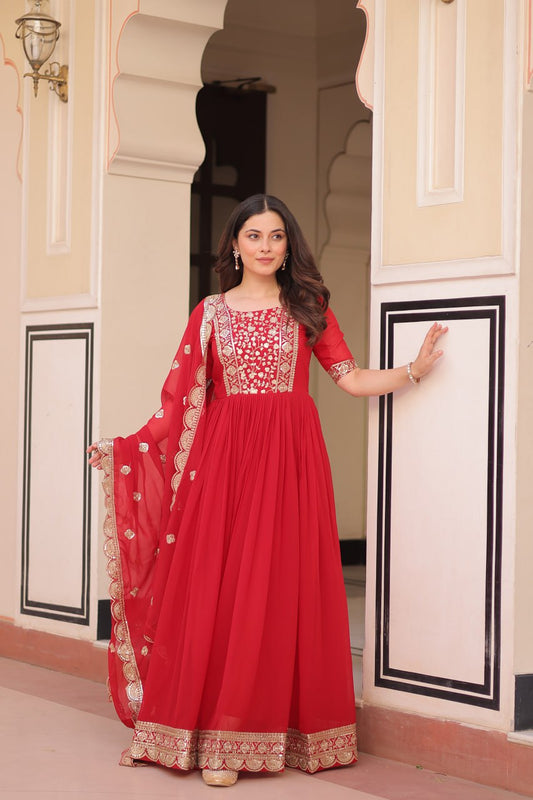 Red color faux blooming gown