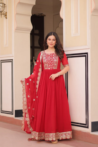Women red colour faux blooming gown for wedding
