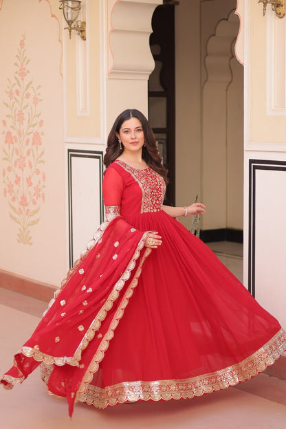 Maxi red colour faux blooming gown for wedding
