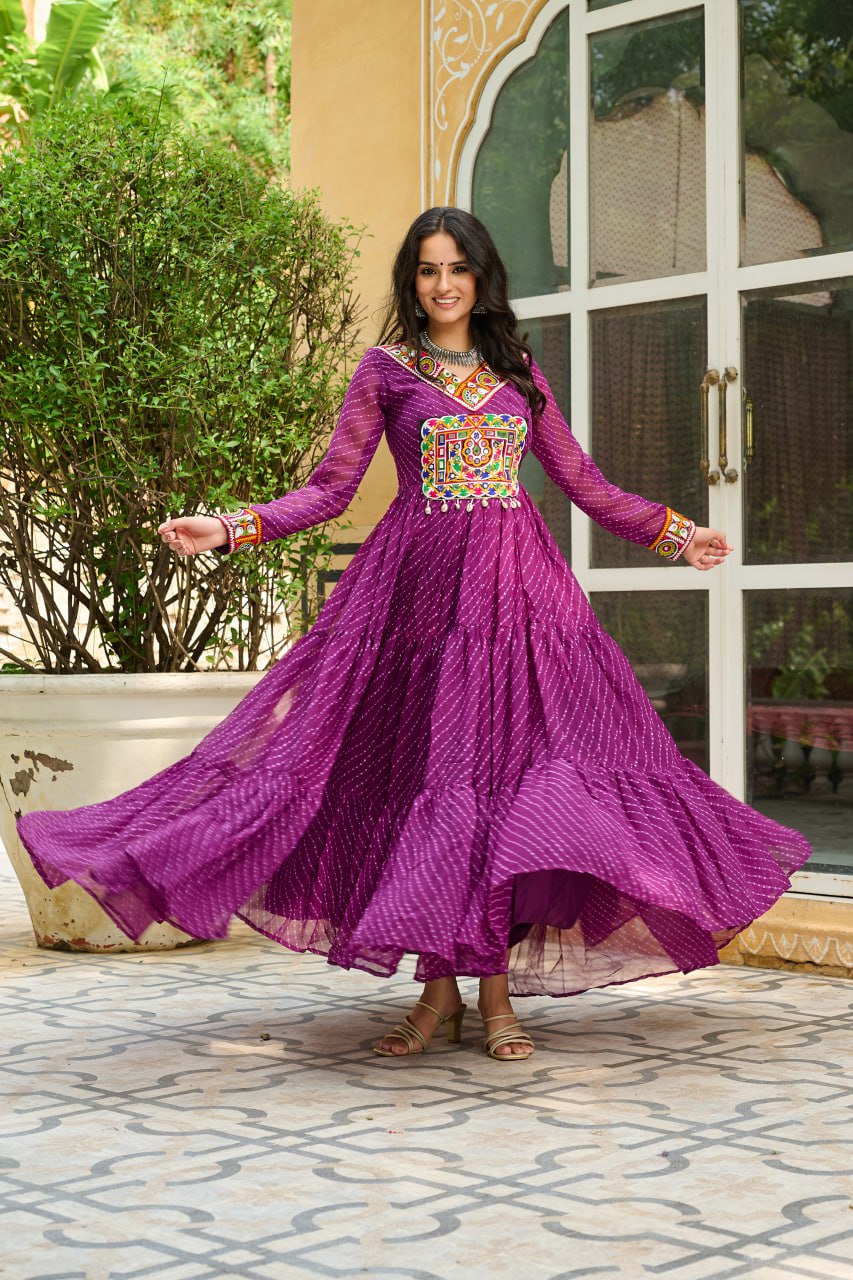 Georgette wine color printed gown