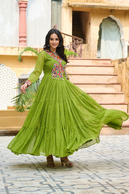 Women's Parrot Green Color Laheriya Printed Navratri Gown M / Parrot Women's Parrot Green Color Laheriya Printed Navratri Gown M / Parrot