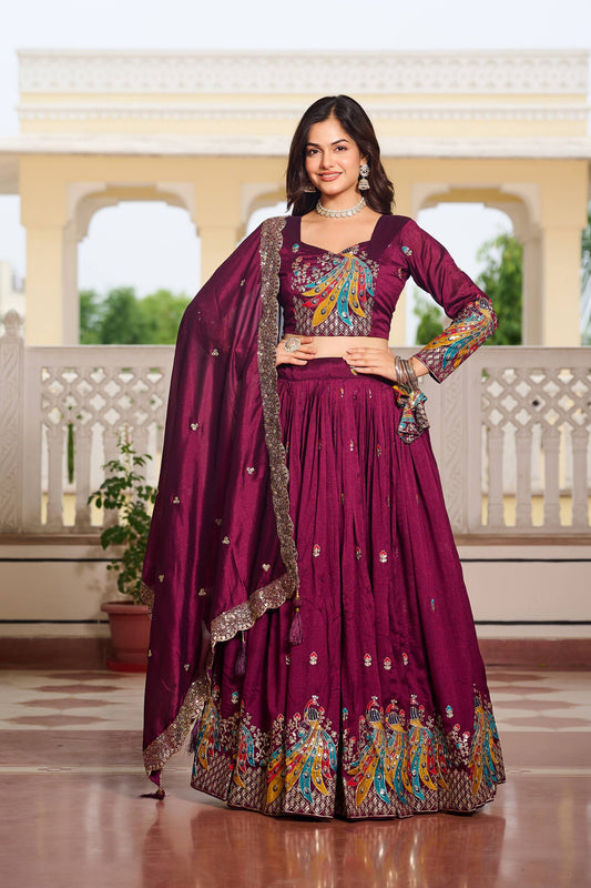 Wine color vichitra lehenga choli for women
