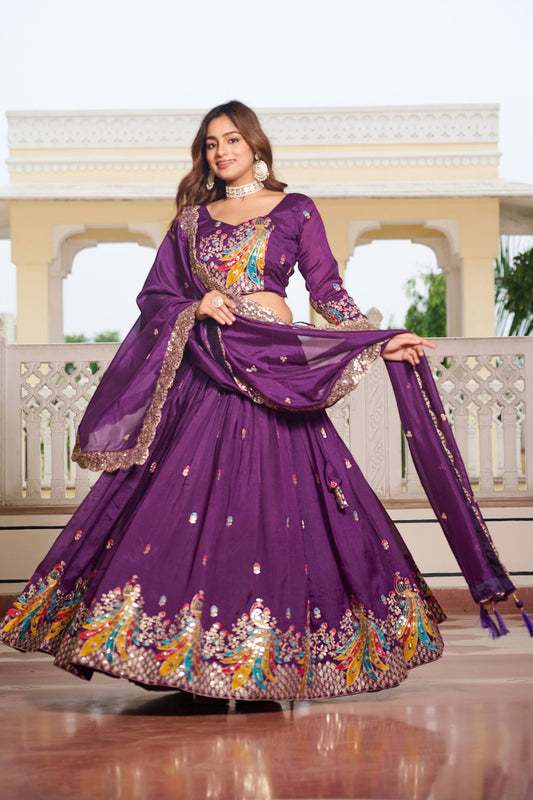 Purple color vichitra lehenga choli for women with price
