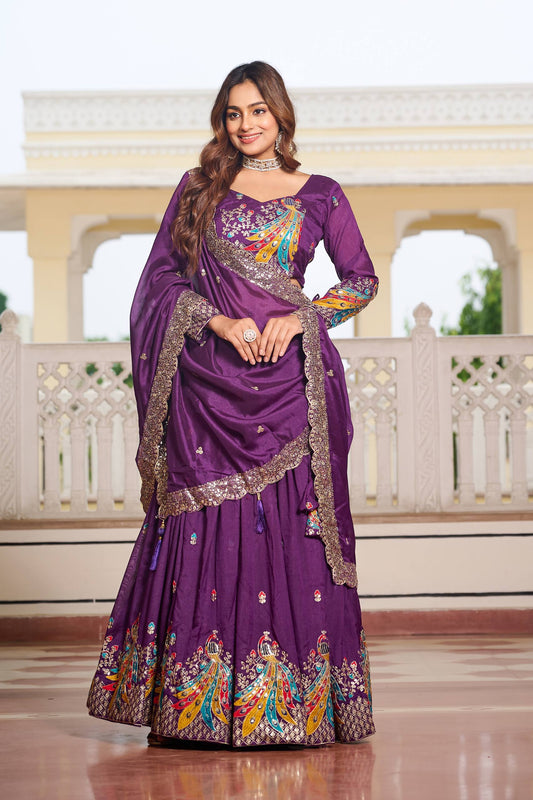 Purple color vichitra lehenga choli for wedding