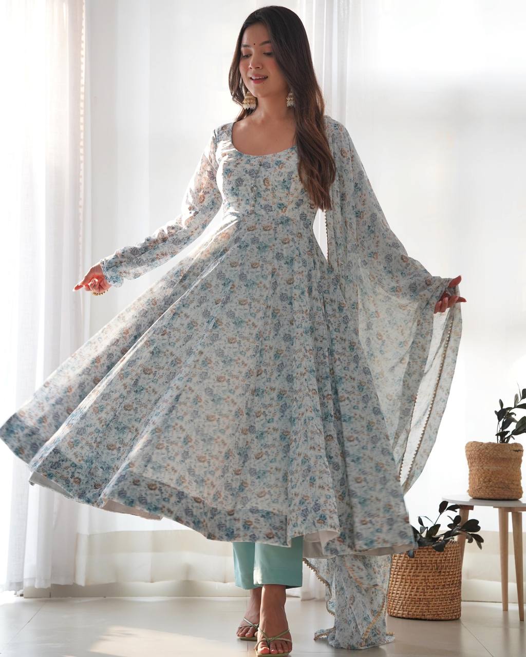 Long sleeve women sky color chiffon gown
