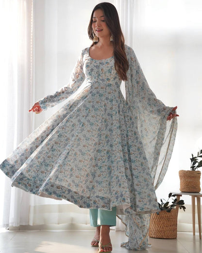 Long sleeve women sky color chiffon gown
