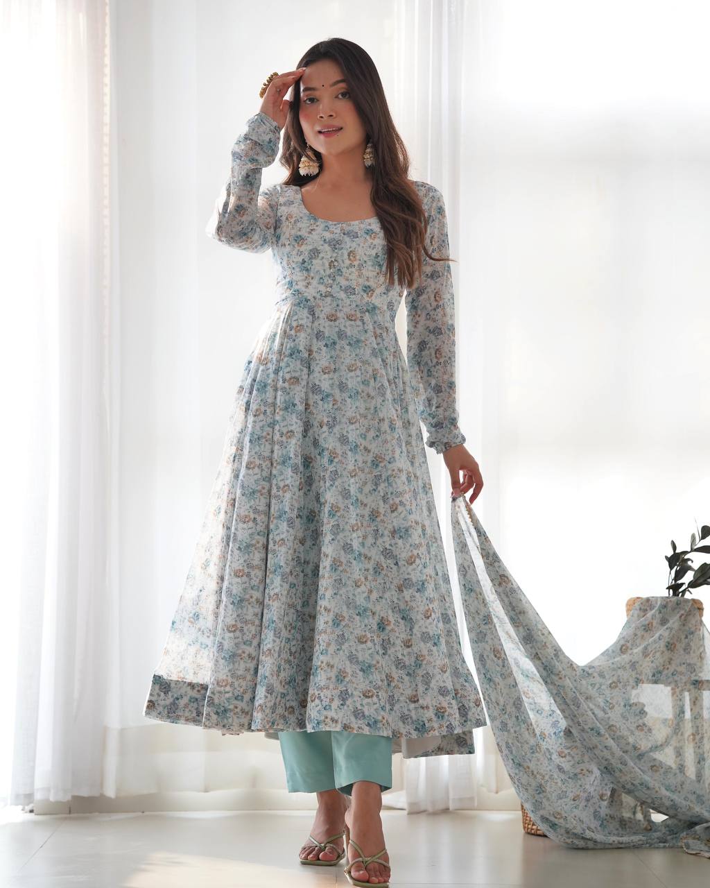 Formal & gown long sleeve women sky color chiffon gown
