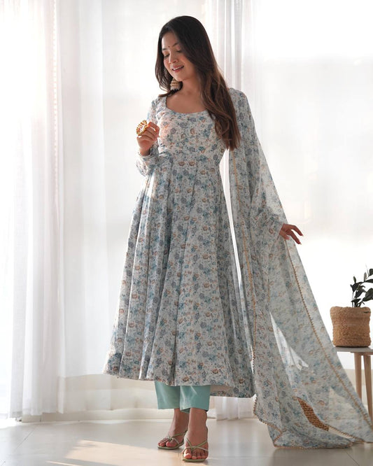 Women sky color chiffon gown
