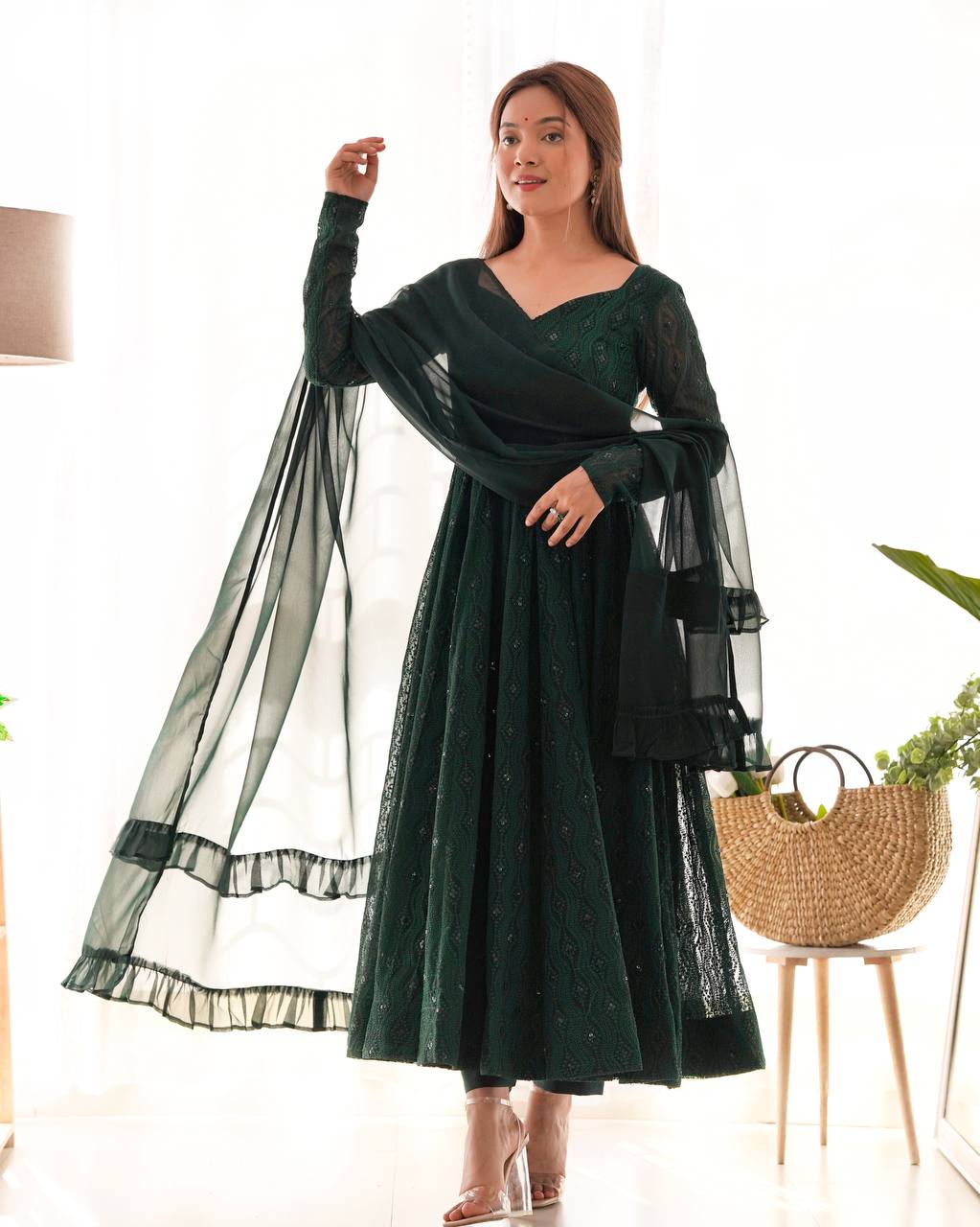 Green color georgette gown for wedding
