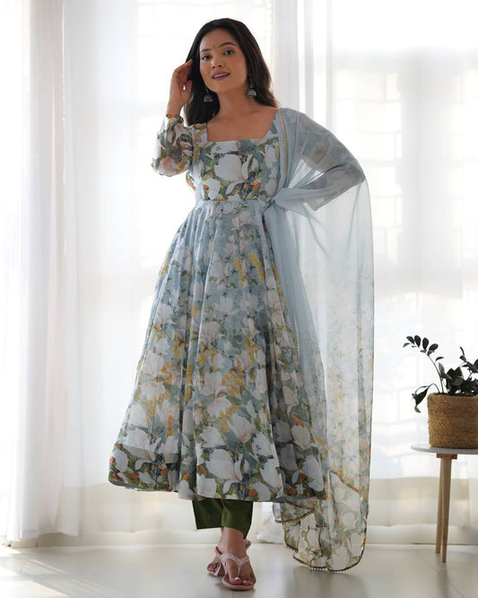 Stylish Casual Wear Organza Silk Printed Green Gown