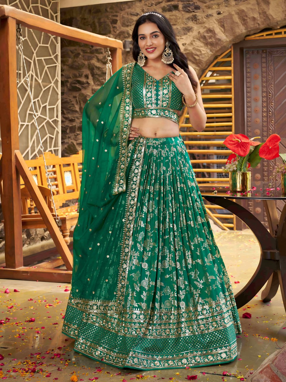 Green color dola silk jacquard lehenga choli with dupatta
