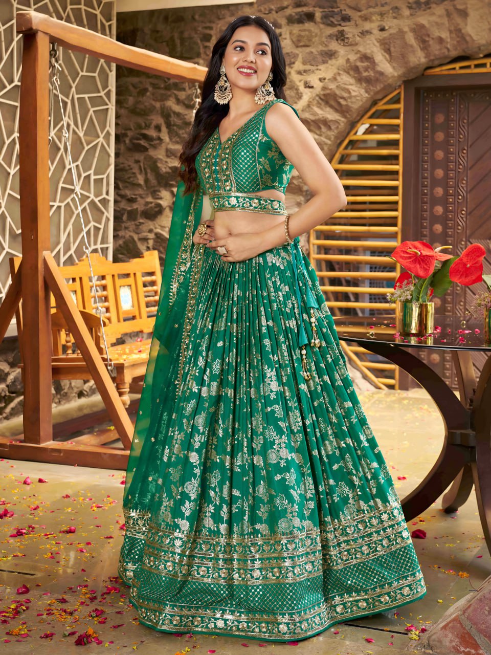 Green color dola silk jacquard lehenga choli price
