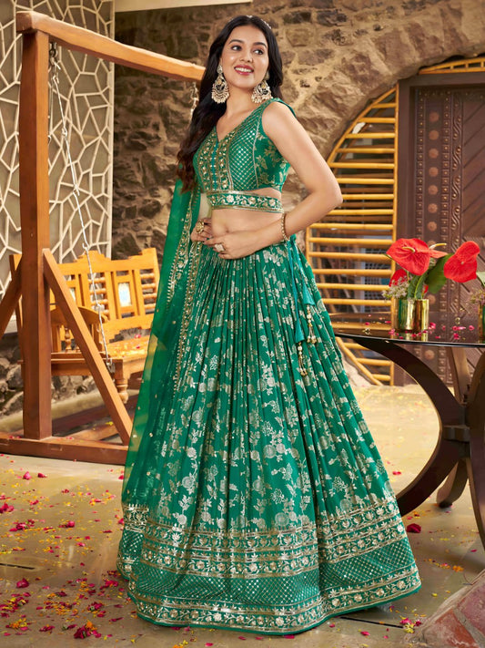 Green color dola silk jacquard lehenga choli price
