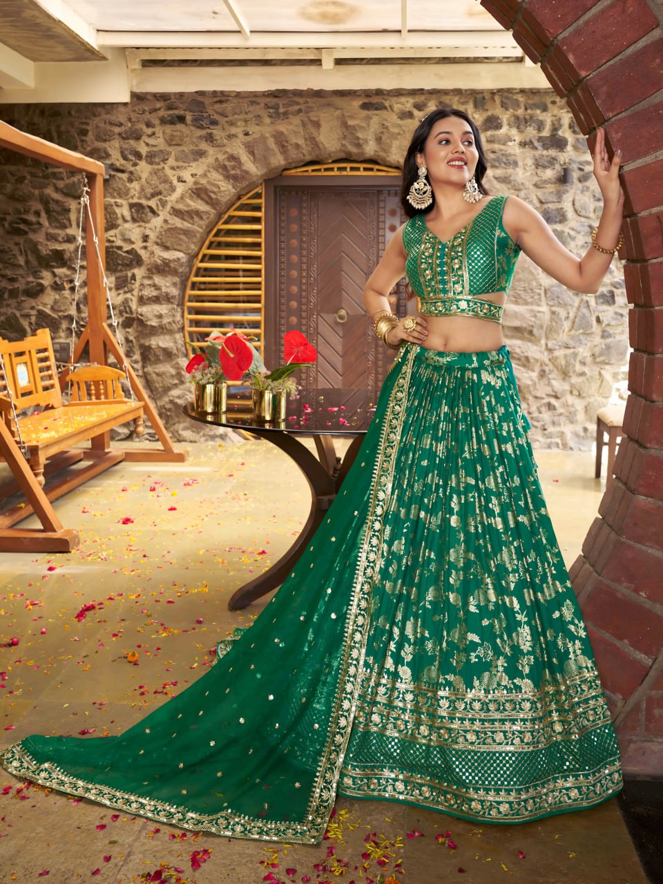 Green color dola silk jacquard lehenga choli USA