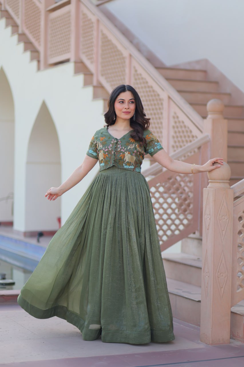 Green color silver crunchy gown