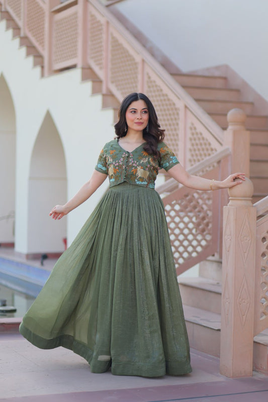 Green color silver crunchy gown