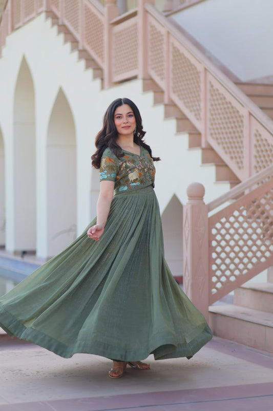 Green color silver crunchy gown with koti