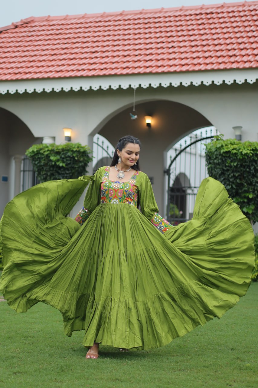 Maxi green color rayon navratri gown for women
