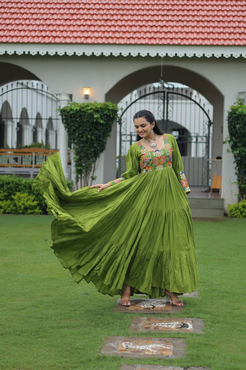 Long green color rayon navratri gown for women
