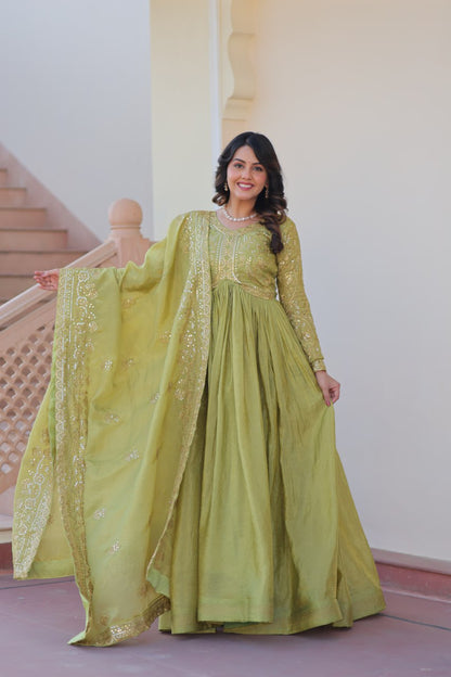 Green color gold crush gown for party with online