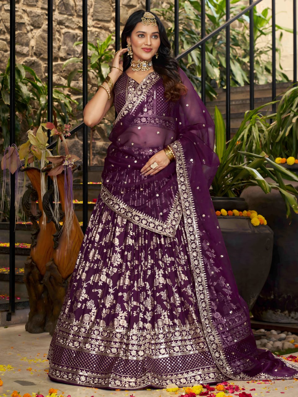 Wine color dola silk jacquard lehenga choli