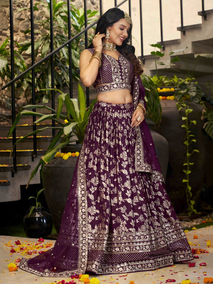 Wine color dola silk jacquard lehenga choli UK